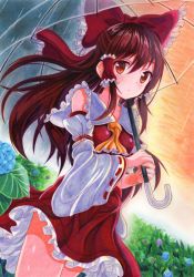 Rule 34 | 1girl, ascot, bare shoulders, bow, breasts, brown eyes, brown hair, closed mouth, cloud, cloudy sky, cowboy shot, detached sleeves, dress, dutch angle, evening, flower, frilled bow, frilled dress, frilled shirt collar, frills, hair bow, hair tubes, hakurei reimu, highres, holding, holding umbrella, hydrangea, kittona, long hair, long sleeves, looking at viewer, orange sky, outdoors, painting (medium), plant, rain, red bow, red dress, red ribbon, ribbon, ribbon-trimmed sleeves, ribbon trim, sidelocks, sky, sleeveless, sleeveless dress, small breasts, solo, standing, tareme, touhou, traditional media, transparent, transparent umbrella, umbrella, water, watercolor (medium), wide sleeves