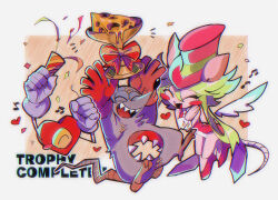 Rule 34 | 1girl, 2boys, :d, ^ ^, animal ears, blush stickers, border, buttoned cuffs, cheering, cheese, chromatic aberration, closed eyes, collar, collared dress, colored sclera, commentary request, confetti, dress, english text, fangs, feathered wings, food, gloves, green hair, hair between eyes, hat, heart, heart (mad rat dead), high heels, highres, hole in chest, hole on body, leotard, mad rat (mad rat dead), mad rat dead, mochako (girugarudo8), mouse (animal), mouse ears, mouse girl, mouse tail, multiple boys, musical note, necktie, open mouth, orange gloves, own hands together, party popper, rat god (mad rat dead), red dress, red footwear, red hat, red ribbon, ribbon, simple background, smile, stitches, swiss cheese, tail, top hat, trophy, white border, white collar, white gloves, white leotard, white necktie, white wrist cuffs, wings, wrist cuffs, yellow sclera