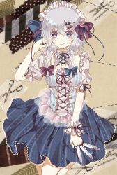 Rule 34 | 1girl, adapted costume, blue eyes, blue skirt, braid, breasts, choker, cleavage, dress, female focus, frilled dress, frills, gingetsu ringo, ginzuki ringo, hair between eyes, hair ornament, hair ribbon, hairclip, hand on own head, highres, izayoi sakuya, knife, lace, lace-trimmed dress, lace trim, crossed legs, looking at viewer, maid headdress, miniskirt, puffy short sleeves, puffy sleeves, ribbon, ringo reicis, short hair, short sleeves, silver hair, skirt, skirt set, smile, solo, touhou, tress ribbon, twin braids