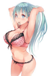 Rule 34 | 1girl, aqua eyes, armpits, arms up, bare shoulders, blush, bra, breasts, cleavage, closed mouth, collarbone, commentary, fumikiri, green eyes, green hair, groin, hair ornament, hair tie in mouth, hairclip, highres, hip focus, holding, holding own hair, kantai collection, large breasts, long hair, looking at viewer, mouth hold, navel, panties, pink bra, pink panties, polka dot, polka dot bra, polka dot panties, sidelocks, simple background, smile, solo, suzuya (kancolle), thighs, tying hair, underwear, white background