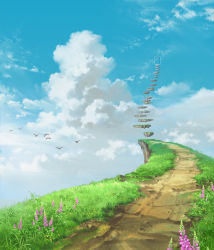 Rule 34 | absurdres, cloud, day, door, flower, grass, highres, nezuminezumi, no humans, original, path, road, scenery, sky, stairs