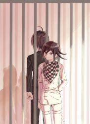 Rule 34 | 2boys, ahoge, arm at side, arm behind back, back-to-back, bars, black hair, black jacket, buttons, checkered clothes, checkered scarf, closed mouth, commentary request, danganronpa (series), danganronpa v3: killing harmony, double-breasted, hair between eyes, highres, jacket, long sleeves, male focus, multiple boys, oma kokichi, pants, purple eyes, purple hair, saihara shuichi, scarf, short hair, smile, standing, straitjacket, striped clothes, striped jacket, teruyo kurosaki, white jacket, white pants