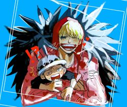 Rule 34 | !?, 2boys, ^ ^, azisaiharumaki56, black coat, blonde hair, blue background, blunt bangs, carrying, carrying person, child, cigarette, closed eyes, coat, commentary, donquixote rocinante, facial mark, feather coat, hat, heart, highres, hood, hug, long sleeves, looking at viewer, male focus, multiple boys, one piece, pink shirt, shirt, signature, smoke, sweatdrop, symbol-only commentary, trafalgar law, upper body