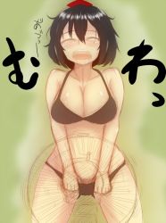 Rule 34 | 1girl, bare shoulders, black hair, blush, bra, breasts, cleavage, closed eyes, hand fan, female focus, hat, hot, lace, lace-trimmed bra, lace trim, mos (mostfunny), open mouth, panties, shameimaru aya, short hair, solo, standing, sweat, tokin hat, touhou, underwear, underwear only