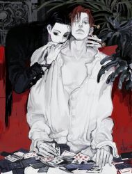 Rule 34 | 2boys, black eyes, black hair, black suit, card, closed eyes, collared shirt, formal, ghost12, hair slicked back, highres, hisoka morow, holding, holding card, holding needle, hunter x hunter, illumi zoldyck, leaning on person, long hair, long sleeves, looking to the side, male focus, multiple boys, needle, open clothes, open shirt, pale skin, playing card theme, red hair, shirt, short hair, suit, white shirt