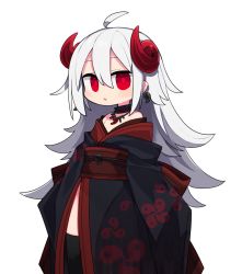 Rule 34 | 1girl, bare shoulders, black kimono, black thighhighs, commentary request, curled horns, earrings, grey hair, hair between eyes, horns, japanese clothes, jewelry, kimono, kisaragi kaya, long hair, looking at viewer, magatama, magatama earrings, magatama necklace, necklace, obi, off shoulder, original, parted lips, red eyes, sash, simple background, solo, thighhighs, very long hair, white background