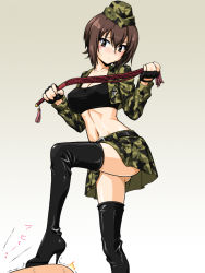 Rule 34 | 1girl, alternate costume, bikini, black bikini, black footwear, black sports bra, blush, boots, breasts, brown background, brown eyes, brown hair, camouflage, camouflage headwear, camouflage jacket, camouflage skirt, cleavage, closed mouth, commentary request, cropped jacket, cross, dominatrix, fingerless gloves, foot up, garrison cap, girls und panzer, gloves, gradient background, green headwear, green jacket, hat, head tilt, high heel boots, high heels, holding, iron cross, jacket, large breasts, light frown, long sleeves, looking at viewer, midriff, navel, nishizumi maho, oosaka kanagawa, out of frame, partial commentary, short hair, skirt, sports bra, standing, swimsuit, thigh boots, thighhighs, translated, upskirt, whip