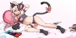Rule 34 | 1girl, absurdres, ahoge, animal ears, animal hands, cat ears, cat lingerie, cat paws, cat tail, cleavage cutout, clothing cutout, commentary, english commentary, flat chest, gooroomee, handheld game console, highres, long hair, lying, meme attire, navel, nintendo switch, on side, onii-chan wa oshimai!, oyama mahiro, pillow, ribbon, solo, tail, tail ornament, tail ribbon, thigh strap, twintails
