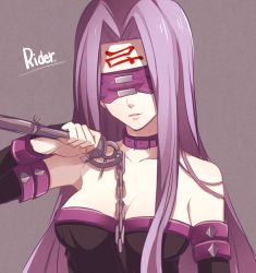 Rule 34 | 1girl, bad id, bad twitter id, bare shoulders, blindfold, breasts, character name, choker, collarbone, detached sleeves, facial mark, fate/stay night, fate (series), forehead mark, ichinose yukino, long hair, medusa (fate), medusa (rider) (fate), purple hair, solo, upper body