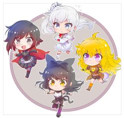 Rule 34 | 4girls, ahoge, ammunition, ammunition belt, belt, belt buckle, bike shorts, black gloves, black hair, black scarf, blake belladonna, blonde hair, blue eyes, blush, boots, bow, breasts, brown jacket, buckle, cape, cat tail, chibi, cleavage, cloak, closed mouth, corset, cross, dress, earrings, ember celica, ember celica (rwby), fingerless gloves, gauntlets, gloves, gradient hair, grey eyes, hair bow, hair ornament, hair ribbon, happy, highres, iesupa, jacket, jewelry, long hair, looking at viewer, looking to the side, multicolored hair, multiple girls, necklace, open mouth, orange scarf, outstretched arms, pantyhose, ponytail, purple eyes, purple legwear, red cape, red hair, ribbon, ruby rose, running, rwby, rwby chibi, scar, scar across eye, scar on face, scarf, shoes, short hair, shorts, side ponytail, skirt, smile, socks, tail, thighhighs, tongue, two-tone hair, very long hair, wavy hair, weiss schnee, white dress, white footwear, white hair, white jacket, wrist ribbon, yang xiao long, yellow eyes