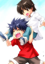 Rule 34 | 2boys, :d, :o, ^ ^, black hair, brown eyes, brown hair, carrying, closed eyes, dress shirt, closed eyes, inohara masato, little busters!, long sleeves, male focus, multiple boys, naoe riki, open mouth, pants, shirt, short hair, shorts, shoulder carry, smile, t-shirt, aged down, zen