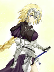 Rule 34 | 1girl, akashiro sen, armor, armored dress, blonde hair, braid, capelet, fate/apocrypha, fate (series), faulds, gauntlets, headpiece, jeanne d&#039;arc (fate), jeanne d&#039;arc (ruler) (fate), long hair, looking at viewer, purple eyes, single braid, smile, solo, sword, type-moon, weapon