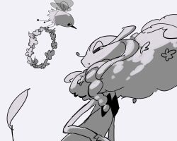 Rule 34 | 1girl, :&lt;, big hair, closed mouth, creatures (company), cutiefly, eye contact, female focus, flat chest, florges, flower, flower wreath, from side, game freak, gen 6 pokemon, gen 7 pokemon, grey background, greyscale, hair flower, hair ornament, half-closed eyes, looking at another, looking back, monochrome, monster girl, nintendo, plant girl, pokemon, pokemon (creature), simple background, sketch, takashi (pixiv 80298118), upper body