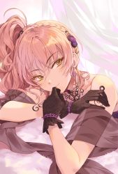 Rule 34 | 1girl, arm support, bare shoulders, blush, bracelet, braid, curtains, earrings, eyelashes, feathers, gloves, hair between eyes, hair ornament, heart, heart earrings, idolmaster, idolmaster cinderella girls, idolmaster cinderella girls starlight stage, inzup, jewelry, jougasaki mika, lace, lace gloves, long hair, looking to the side, necklace, pearl bracelet, pink hair, shawl, side ponytail, smile, solo, upper body, yellow eyes