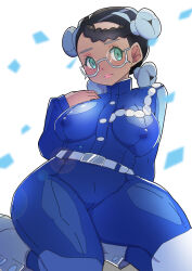 Rule 34 | 1girl, amarys (pokemon), belt, blush, boots, braid, breasts, cleft of venus, creatures (company), dark-skinned female, dark skin, forehead, game freak, glasses, green eyes, large breasts, masamu (leonore69), multicolored hair, nintendo, nipples, covered erect nipples, pokemon, pokemon sv, school uniform, short hair, thick thighs, thighs