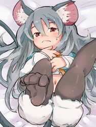Rule 34 | 1girl, alternate hairstyle, animal ear fluff, animal ears, bed sheet, black pantyhose, bloomers, blush, commentary request, feet, foot focus, foreshortening, from above, grey hair, highres, long hair, looking at viewer, lying, midriff, mouse ears, mouse girl, mouse tail, navel, nazrin, on back, on bed, pantyhose, soles, solo, sweatdrop, tail, toes, touhou, underwear, yoshiyuki (14330975)