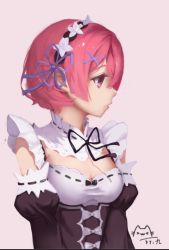 Rule 34 | 10s, 1girl, bare shoulders, black dress, breasts, detached collar, detached sleeves, dress, elbow gloves, frilled sleeves, frills, gloves, hair ornament, hair over one eye, lips, looking to the side, maid, maid headdress, pink background, pink eyes, pink hair, profile, ram (re:zero), re:zero kara hajimeru isekai seikatsu, serious, short hair, signature, simple background, small breasts, solo, upper body, x hair ornament, zixiang zeng