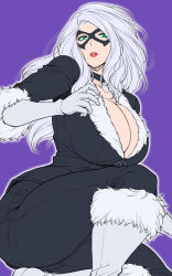 Rule 34 | 1girl, animification, black cat (marvel), bodysuit, boots, breasts, choker, cleavage, curvy, domino mask, elbow gloves, felicia hardy, flat color, from side, fur trim, gloves, green eyes, huge breasts, knee boots, kneeling, lipstick, long hair, looking at viewer, makeup, marvel, mask, outline, parted lips, purple background, shouji nigou, simple background, solo, spider-man (series), superhero costume, thick thighs, thighs, white footwear, white gloves, white hair, wide hips, zipper