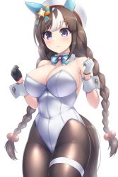 Rule 34 | 1girl, asymmetrical gloves, black gloves, black pantyhose, blue bow, blue bowtie, blunt bangs, bow, bowtie, braid, brown hair, commentary request, cowboy shot, gloves, hat, highres, hokko tarumae (umamusume), horse girl, leotard, long hair, low twintails, mismatched gloves, multicolored hair, nontraditional playboy bunny, pantyhose, pataneet, purple eyes, sailor hat, simple background, solo, strapless, strapless leotard, twin braids, twintails, umamusume, white background, white gloves, white hair, white hat, white leotard