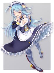 Rule 34 | 1girl, armored boots, azur lane, bare shoulders, blue hair, boots, breasts, clam shell, cleavage, detached sleeves, dress, fake antlers, frilled dress, frills, full body, grey background, highres, holding, holding tray, knee boots, long hair, looking at viewer, maid headdress, medium breasts, neptune (azur lane), one eye closed, purple dress, purple sleeves, red eyes, rudder footwear, shell hair ornament, solo, tray, two-tone background, waa! okami, white background