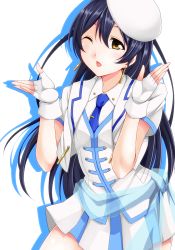Rule 34 | 1girl, artist request, blowing kiss, blue hair, blush, commentary request, earrings, fingerless gloves, gloves, hair between eyes, hat, highres, jewelry, long hair, looking at viewer, love live!, love live! school idol project, necktie, one eye closed, open mouth, simple background, skirt, smile, solo, sonoda umi, white background, white gloves, wonderful rush, yellow eyes