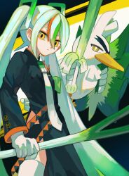 Rule 34 | 1girl, arm behind back, armband, bike shorts, black coat, coat, creatures (company), delinquent, detached sleeves, fighting miku (project voltage), food, game freak, gen 8 pokemon, gloves, green armband, hair between eyes, hatsune miku, highres, holding, holding food, holding spring onion, holding vegetable, long hair, long sleeves, looking at viewer, multicolored hair, nagomi ( nagomi ), necktie, nintendo, orange trim, pokemon, pokemon (creature), project voltage, side slit, single detached sleeve, sirfetch&#039;d, spring onion, thighhighs, twintails, vegetable, very long hair, vocaloid, white gloves, white hair, white necktie, white thighhighs, yellow eyes
