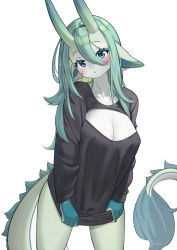 Rule 34 | 1girl, :o, animal ear fluff, animal ears, black sweater, blue eyes, blush, breasts, cleavage, cleavage cutout, clothes tug, clothing cutout, collarbone, colored skin, cowboy shot, etivka, green hair, green skin, highres, horns, large breasts, long hair, original, solo, standing, sweater, sweater tug, tail