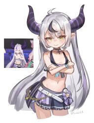 Rule 34 | 1girl, bare arms, bare shoulders, belt, black hair, breasts, chain, choker, commentary, cowboy shot, cropped legs, crossed arms, derivative work, eyes visible through hair, grey hair, hair between eyes, highres, hololive, hololive summer 2023 swimsuit, horns, la+ darknesss, long hair, looking at viewer, multicolored hair, navel, pointy ears, reference inset, screenshot redraw, simple background, small breasts, smile, sobbi11, solo, stomach, streaked hair, striped horns, twintails, twitter username, two-tone hair, very long hair, virtual youtuber, white background, yellow eyes