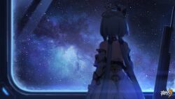 Rule 34 | 1girl, bare shoulders, blue hair, chinese clothes, griseo, griseo (cosmic expression), highres, honkai (series), honkai impact 3rd, indoors, light blue hair, logo, long hair, official art, official wallpaper, solo, space, spacecraft, standing, star (sky), upper body
