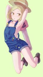 Rule 34 | 1girl, :o, arms behind back, blonde hair, blush, boots, breasts, chainsaw, fate/grand order, fate (series), full body, green background, hat, jumping, looking to the side, naked overalls, overalls, paul bunyan (fate), paul bunyan (third ascension) (fate), short hair, sideboob, small breasts, solo, sumire (pink fluid), yellow eyes