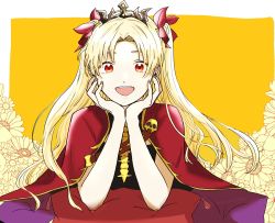 Rule 34 | 1girl, blonde hair, cape, commentary, crown, earrings, ereshkigal (fate), fate/grand order, fate (series), floral background, highres, jewelry, looking at viewer, pillow, red cape, red eyes, red ribbon, ribbon, skull, smile, solo, vaiomiku, yellow background