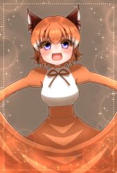 Rule 34 | 1girl, blue eyes, caracal (kemono friends), dress, highres, hikarikmy, kemono friends, kemono friends v project, looking at viewer, short hair, simple background, solo, virtual youtuber