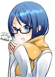 Rule 34 | 10s, 1girl, alternate costume, bad id, bad pixiv id, blue eyes, blue hair, breath, glasses, highres, kantai collection, looking at viewer, matching hair/eyes, nekobaka, open mouth, samidare (kancolle), scarf, solo