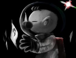 Rule 34 | 1boy, absurdres, big nose, closed eyes, dark background, from side, ghost, gloves, greyscale, helmet, highres, iat-418, monochrome, nintendo, olimar, outstretched hand, pikmin (series), pointy ears, radio antenna, red bag, reflective visor, space helmet, spacesuit, spot color