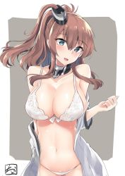 Rule 34 | 1girl, anchor, bare shoulders, black neckerchief, blue eyes, blush, border, bra, breasts, collarbone, dress, gluteal fold, grey background, hair between eyes, heart, heart-shaped pupils, highres, kantai collection, kazami chiu, large breasts, long hair, looking at viewer, navel, neckerchief, off shoulder, open clothes, open dress, open mouth, outside border, panties, ponytail, saratoga (kancolle), saratoga mk ii (kancolle), side ponytail, sidelocks, signature, simple background, solo, symbol-shaped pupils, underwear, upper body, white border, white bra, white dress, white panties