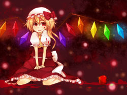 Rule 34 | 1girl, apple, bad id, bad pixiv id, blonde hair, blood, blouse, female focus, flandre scarlet, food, fruit, hair between eyes, hat, kusa, kusada souta, mob cap, red eyes, red theme, shirt, solo, touhou, white hat, white shirt, wings