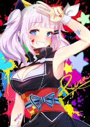 Rule 34 | 1girl, animal ears, armpits, bad id, bad pixiv id, black background, black dress, blue eyes, blush, breasts, cat ears, character name, cleavage, cleavage cutout, clothing cutout, dress, female focus, grin, hair ornament, hairclip, highres, kaguya luna, kyuu (chiu850513), looking at viewer, medium breasts, multicolored nails, nail polish, obi, paint on body, paint splatter, paint splatter on face, paint stains, red nails, ribbon, sash, sidelocks, sleeveless, sleeveless dress, smile, solo, standing, the moon studio, twintails, upper body, v, virtual youtuber, white hair, wrist cuffs, wrist ribbon, yellow nails