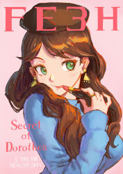 Rule 34 | 1girl, beret, black hat, blue shirt, breasts, brown hair, character name, commentary, dorothea arnault, facing viewer, fire emblem, fire emblem: three houses, green eyes, green little, hat, holding, jewelry, large breasts, lipstick, long hair, long sleeves, makeup, nintendo, pink background, pink lips, ring, shirt, simple background, smile, solo