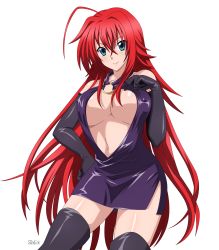 Rule 34 | 1girl, ahoge, black footwear, black gloves, blue eyes, boots, breasts, cleavage, closed mouth, collarbone, covered erect nipples, cowboy shot, derivative work, dress, elbow gloves, floating hair, full body, gloves, hair between eyes, hand on own hip, high school dxd, highres, large breasts, long hair, looking at viewer, o-ring, purple dress, red hair, revealing clothes, rias gremory, shiny clothes, shiny skin, short dress, side slit, sleeveless, sleeveless dress, smile, solo, standing, thigh boots, thighhighs, transparent background, very long hair, zettai ryouiki