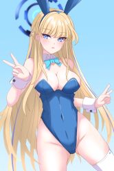 Rule 34 | 1girl, animal ears, aqua bow, aqua bowtie, blonde hair, blue archive, blue background, blue eyes, blue leotard, bow, bowtie, breasts, cleavage, detached collar, double v, gradient background, halo, highleg, highleg leotard, highres, leotard, long hair, medium breasts, multicolored hair, nitamako (sakamalh), playboy bunny, rabbit ears, solo, strapless, strapless leotard, streaked hair, thighhighs, toki (blue archive), toki (bunny) (blue archive), v, white thighhighs, wrist cuffs