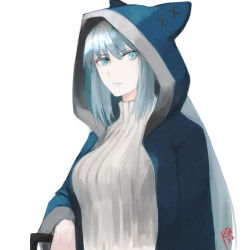Rule 34 | blue eyes, blue lips, fate/grand order, fate (series), highres, hood, hoodie, moedredd, morgan le fay (fate), signature, simple background, solo, upper body, white background, white hair