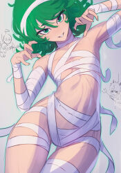 Rule 34 | 1girl, absurdres, bandages, cowboy shot, curly hair, curvy, daniel deves, flat chest, genos, gluteal fold, green eyes, green hair, grey background, halloween costume, hands up, highres, looking at viewer, mummy costume, naked bandage, navel, one-punch man, saitama (one-punch man), short hair, simple background, sketch, smile, solo, tatsumaki, thigh gap, wide hips