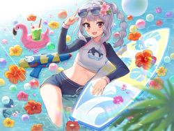 Rule 34 | 1girl, :3, :d, bad id, bad pixiv id, ball, blue shorts, braid, breasts, caustics, chobi (penguin paradise), clothes writing, crop top, cup, disposable cup, eyewear on head, flower, hair flower, hair ornament, hand up, hibiscus, highres, inflatable flamingo, long hair, long sleeves, looking at viewer, medium breasts, midriff, open mouth, outdoors, raglan sleeves, red eyes, shirt, short shorts, shorts, side ponytail, silver hair, smile, solo, stomach, sunglasses, sunlight, surfboard, swimsuit, tales runner, thighs, water, water gun, white shirt