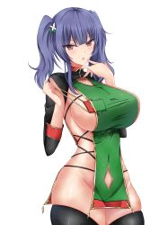 Rule 34 | 1girl, :o, absurdres, alternate costume, angpao, azur lane, bangs, black legwear, black sleeves, blunt bangs, blush, breasts, covered navel, cowboy shot, dress, eyebrows visible through hair, finger to face, green dress, groin, hands up, highres, kuroakei (pixiv5742644), large breasts, long hair, long sleeves, looking at viewer, no panties, pink eyes, pola (azur lane), purple hair, revealing clothes, shrug (clothing), sideboob, sidelocks, skindentation, solo, standing, strap pull, taut clothes, taut dress, thighhighs, transparent background, twintails