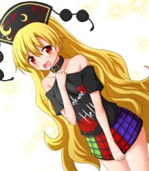 Rule 34 | 1girl, black shirt, blonde hair, checkered clothes, checkered skirt, cosplay, embarrassed, hat, hecatia lapislazuli, hecatia lapislazuli (cosplay), junko (touhou), long hair, red eyes, shirt, simple background, skirt, sparkle, standing, t-shirt, teoi (good chaos), touhou, white background