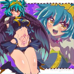 Rule 34 | 1girl, artist name, bird legs, black feathers, black wings, blush, breasts, claws, commission, feathers, green hair, harpy, heart, heart tattoo, highres, ichi orgin, indie virtual youtuber, lincoro, looking at viewer, medium breasts, midriff, monster girl, navel, open mouth, pointy ears, short hair, short twintails, skeb commission, smile, stomach tattoo, talons, tattoo, tiara, twintails, virtual youtuber, winged arms, wings, yellow eyes