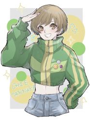 Rule 34 | 1girl, adapted costume, badge, blue shorts, blush, border, brown eyes, brown hair, button badge, chako (p4amg1208), character name, commentary, cropped legs, eyelashes, green jacket, grey background, hand on own hip, hand up, highres, jacket, long sleeves, looking at viewer, midriff, navel, persona, persona 4, puffy sleeves, satonaka chie, short hair, shorts, smile, solo, striped clothes, striped jacket, swept bangs, white border