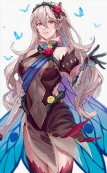Rule 34 | 1girl, absurdres, bare shoulders, breasts, bug, butterfly, corrin (female) (fire emblem), corrin (fire emblem), covered navel, cowboy shot, dress, elbow gloves, fire emblem, fire emblem fates, fire emblem heroes, flower, gloves, gradient clothes, grey hair, grin, hairband, highres, insect, long hair, medium breasts, nintendo, official alternate costume, panty straps, pointy ears, red eyes, rose, see-through, simple background, sleeveless, sleeveless dress, smile, sobasakuhin, solo, thighhighs, thorns, turtleneck, white background