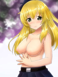 Rule 34 | 1girl, belt, beret, blonde hair, breasts, carpaccio (girls und panzer), girls und panzer, green eyes, hat, highres, lactation, large breasts, long hair, looking at viewer, oekaki lemon, own hands together, skirt, solo, topless