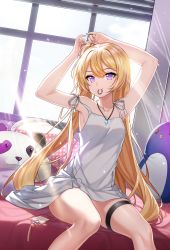 Rule 34 | 1girl, absurdres, armpits, arms behind head, arms up, bad id, bad pixiv id, bare arms, bare shoulders, bed, blonde hair, breasts, collarbone, controlline3, counter:side, day, dress, hair tie in mouth, highres, indoors, irie alford, jewelry, light rays, long hair, looking at viewer, mouth hold, necklace, on bed, purple eyes, short dress, sitting, sleeveless, sleeveless dress, small breasts, solo, sunbeam, sunlight, thigh strap, thighs, very long hair, white dress, window